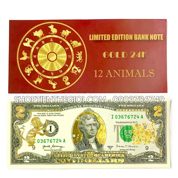 Tiền 2 USD in hình Con Khỉ 3D nhũ vàng - SP005559